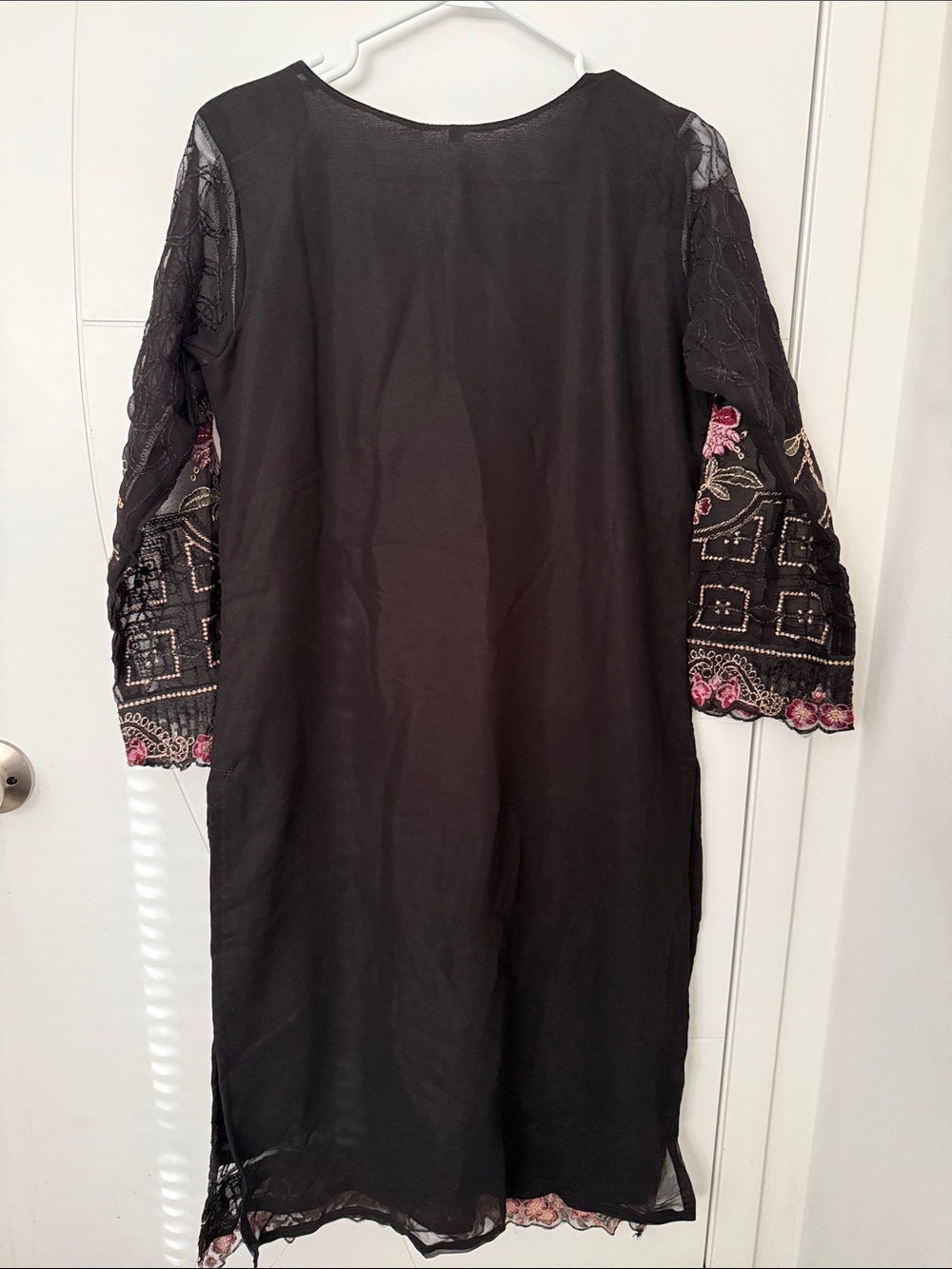 Black Embroidered Floral Indian pant Suit with Pink Accents - Picture 2 of 5